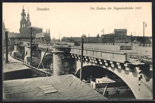 AK Dresden, der Neubau der Augustusbrücke 1909