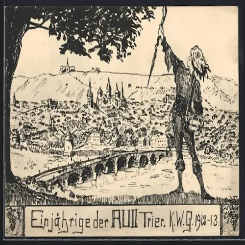 AK Trier, Absolvia 1912-13, Wanderer vor Stadt