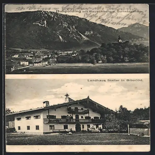 AK Ruhpolding, Gasthaus Landhaus Staller in Biberlöd, Ruhpolding mit Rauschberg u. Sonntagshorn