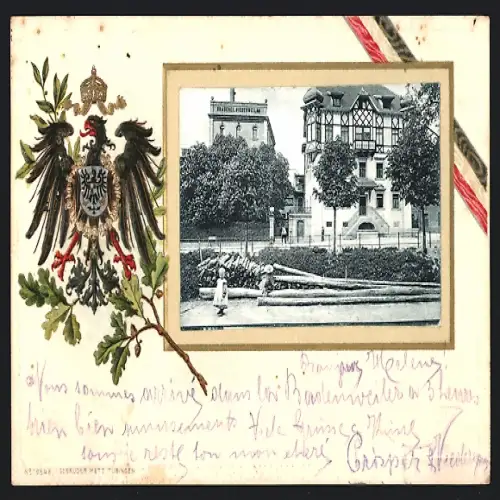 AK Müllheim, Partie an der Brauerei Niederweiler, Reichsadler mit Wappen