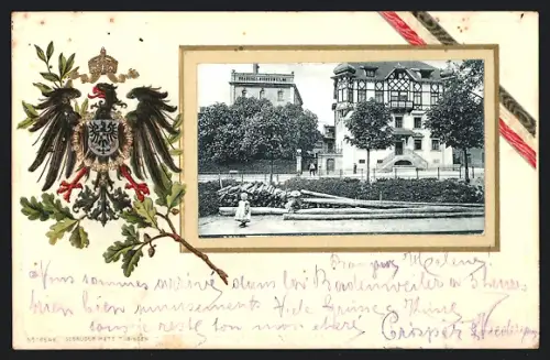 AK Müllheim, Partie an der Brauerei Niederweiler, Reichsadler mit Wappen