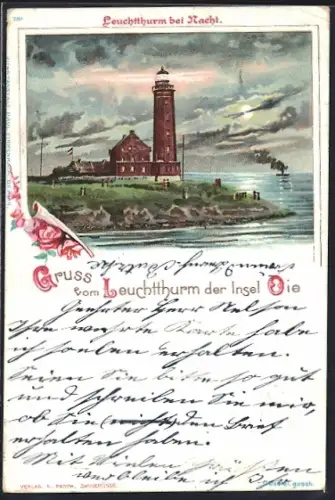 Lithographie Insel Oie, Leuchtturm bei Nacht