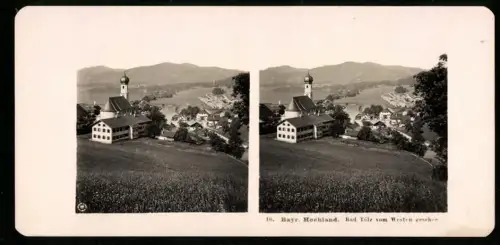 Stereo-Fotografie NPG, Ansicht Gmund am Tegernsee, Blick hinab auf den Ort mit Kirche, Beschriftung historisch falsch