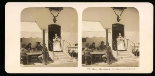 Stereo-Fotografie NPG, Ansicht Oberammergau, Forsthaus Linderhof, Wirtin mit Masskrügen