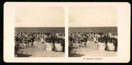 Stereo-Fotografie NPG, Ansicht Westerland, Badegäste am Familienbad mit Umkleidewagen