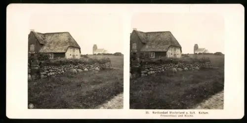 Stereo-Fotografie NPG, Ansicht Keitum, Blick auf ein Friesenhaus und nach der Kirche