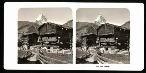 Stereo-Fotografie NPG, Ansicht Zermatt, Blick von einer Holzhütte nach dem Matterhorn