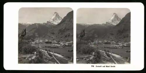 Stereo-Fotografie NPG, Ansicht Zermatt, Blick nach dem Ort mit Monte Cervin
