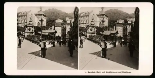 Stereo-Fotografie NPG, Ansicht Karlsbad, Markt mit Marktbrunnen und Stadtturm