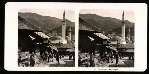 Stereo-Fotografie NPG, Ansicht Sarajevo, Marktszene mit Blick zum Minarett