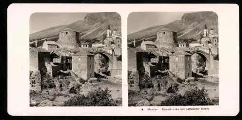 Stereo-Fotografie NPG, Ansicht Mostar, Römerbrücke mit serbischer Kirche