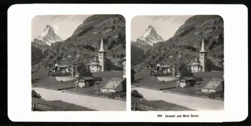 Stereo-Fotografie NPG, Ansicht Zermatt, Ortspartie mit Blick zum Matterhorn