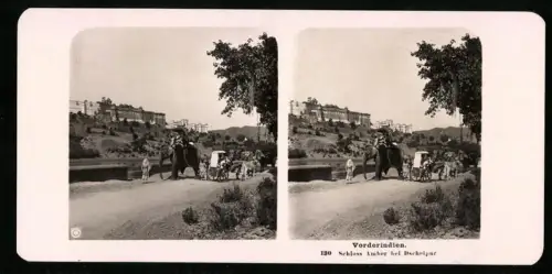Stereo-Fotografie NPG, Ansicht Jaipur, Blick nach dem Schloss Amber, Reisende mit Elefante und Kamel
