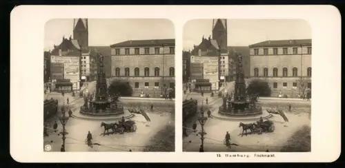 Stereo-Fotografie NPG, Ansicht Hamburg, Blick auf den Fischmarkt mit Statue und Strassenbahn