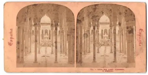 Stereo-Fotografie unbekannter Fotograf, Ansicht Granada, Cour des Lions Alhambra, Innenansicht