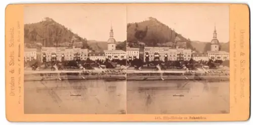 Stereo-Fotografie J. F. Stiehm, Berlon, Ansicht Bad Schandau, Blick über dei Elbe nach den Elb-Hotels