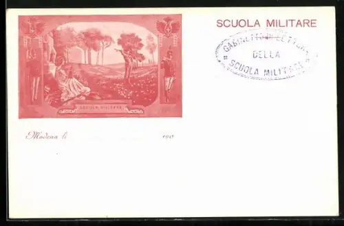 Lithographie Modena, Scuola Militare, Krieger und Frau auf Blumenwiese