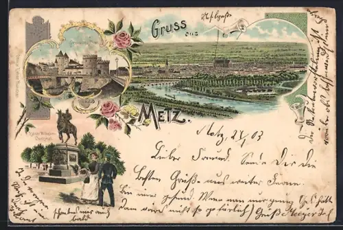 Lithographie Metz, Vue panoramique avec monuments et statue équestre