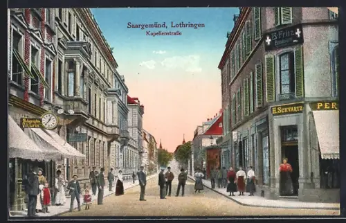 AK Saargemünd, Kapellenstrasse mit Restaurant H. Schvartz