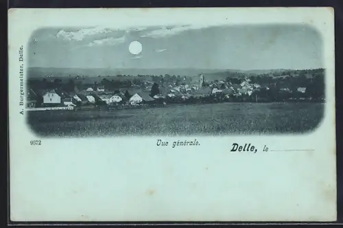 Mondschein-AK Delle, Vue générale sous la lune avec paysage rural