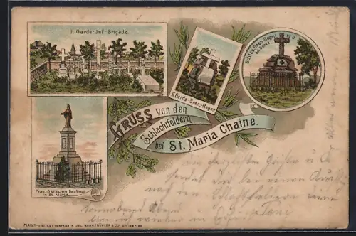 Lithographie Saint-Maria Chaine, Souvenirs des champs de bataille avec monuments et croix commémoratives