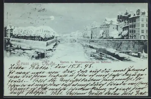 Mondschein-AK Metz, Jardin et pont de Moreau sous la neige