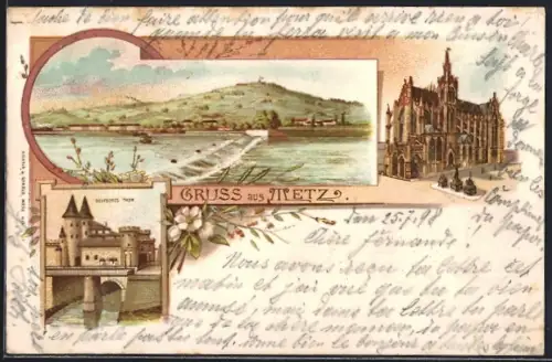 Lithographie Metz, Vue de la cathédrale, du pont et du paysage environnant