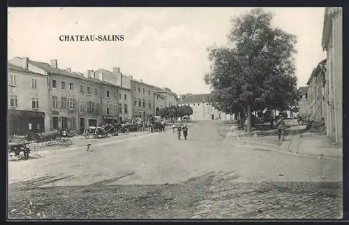 AK Château-Salins, Scène de rue animée avec charrettes et arbres