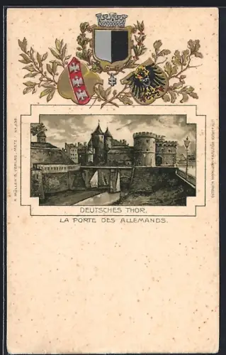 AK Metz, La Porte des Allemands et armoiries ornées