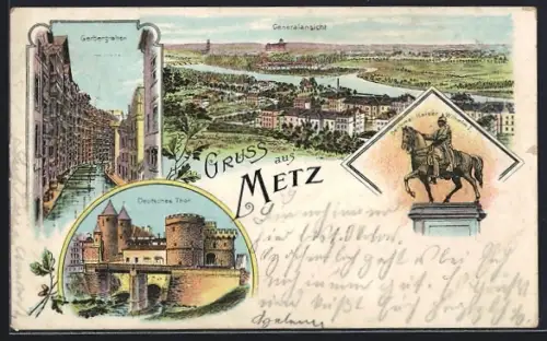 Lithographie Metz, Gebergraben, Deutsches Tor, Kaiser Wilhelm I.-Denkmal