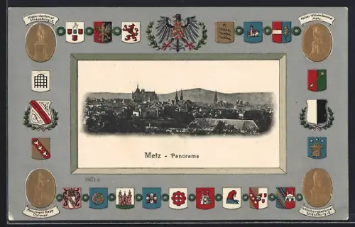 AK Metz, Panorama avec cadre d`armoiries et aigle impérial
