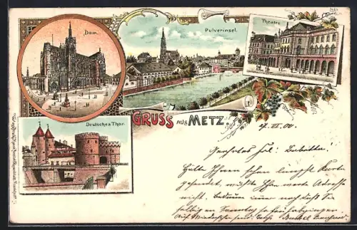 Lithographie Metz, Dom, Deutsches Tor und Theater, Pulverinsel