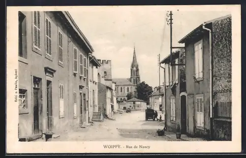 AK Woippy, Rue de Nancy avec vue sur l`église et bâtiments environnants