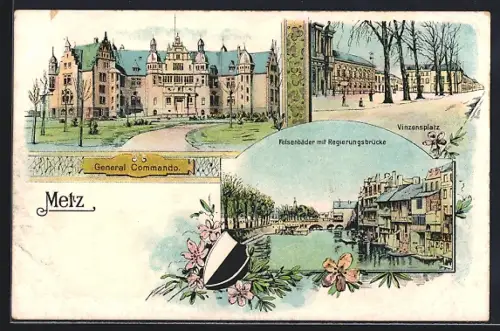Lithographie Metz, General Commando, Felsenbäder mit Regierungsbrücke, Vinzenzplatz