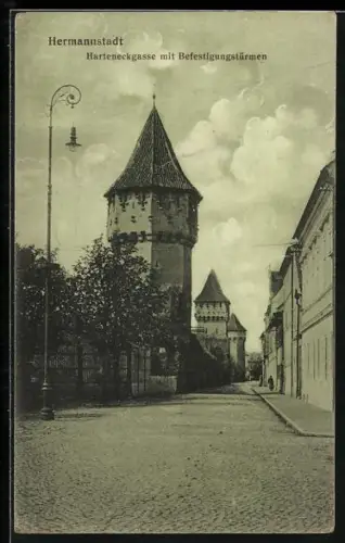 AK Hermannstadt, Harteneckgasse mit Befestigungstürmen