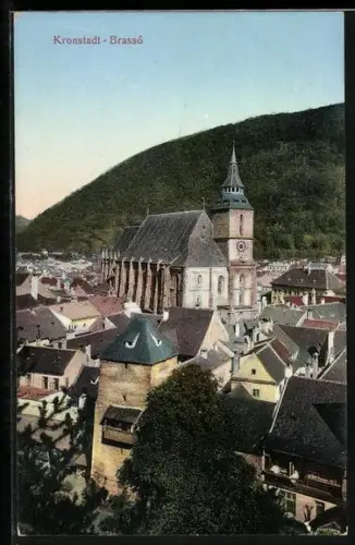 AK Kronstadt, Teilansicht mit Kirche und Turm aus der Vogelschau