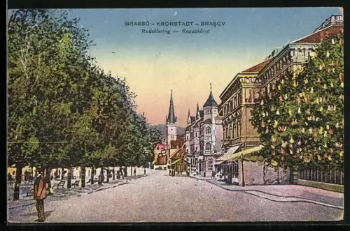 AK Kronstadt, Rudolfsring, Strassenpartie mit Türmen