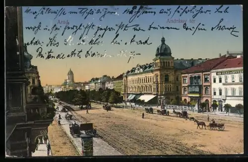 AK Arad, Andrássy tér mit Kutschen und Litfasssäulen