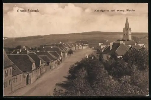 AK Gross-Schenk, Marktgasse und evang. Kirche aus der Vogelschau