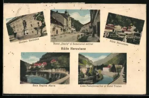 AK Baile Herculane, Statuea Hercules, Hotel Dacia si Sanatoriul militar, Baia Regina Maria