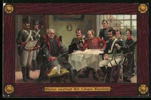 Passepartout-Künstler-AK Genappe, Blücher empfängt Orden, Hut und Degen Napoleons