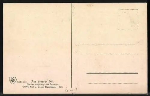 Passepartout-Künstler-AK Genappe, Blücher empfängt Orden, Hut und Degen Napoleons