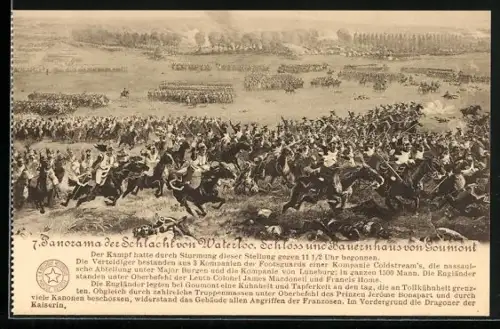 Künstler-AK Panorama der Schlacht von Waterloo, Schloss und Bauernhaus von Goumont