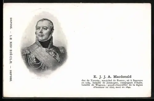 Künstler-AK Portrait E. J. J. A. MacDonald, duc de Tarente, maréchal de France