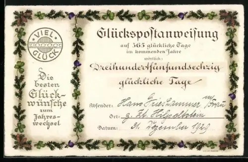 AK Glückspostanweisung auf 365 glückliche Tage im kommenden Jahre