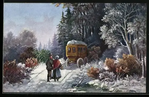 AK Postkutsche fährt in den verschneiten Wald