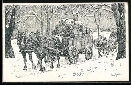 Künstler-AK Train-Kolonne, Liebesgaben an die Fron fahrend