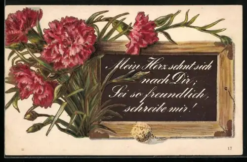 Künstler-AK Rote Nelken und Schiefertafel mit Schreibaufforderung