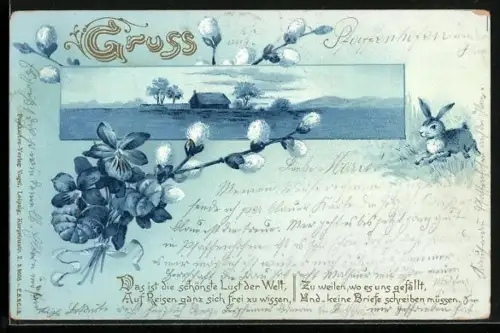 AK Osterhase mit Weidenkätzchen, Stiefmütterchen und idyllischer Landschaft