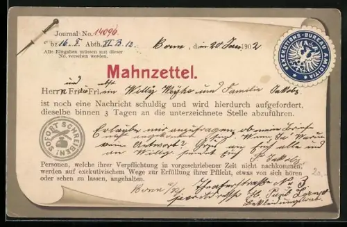 AK Mahnzettel für noch schuldige Nachricht, dieselbe binnen 3 Tagen abzuführen